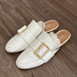 Kenneth Cole White Mules with Gold Buckle